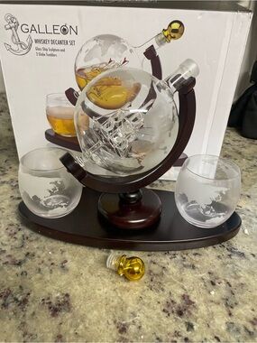 Galleon Whiskey Decanter Set by Shannon by Godinger globe decanter. Ship tumbler